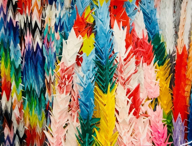 Strings of 1000 cranes at a Buddhist shrine in Japan
